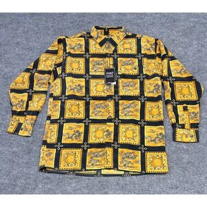 HUGE Dragon Print Shirt L Couture Collection Long Sleeve Button Up Yellow Black